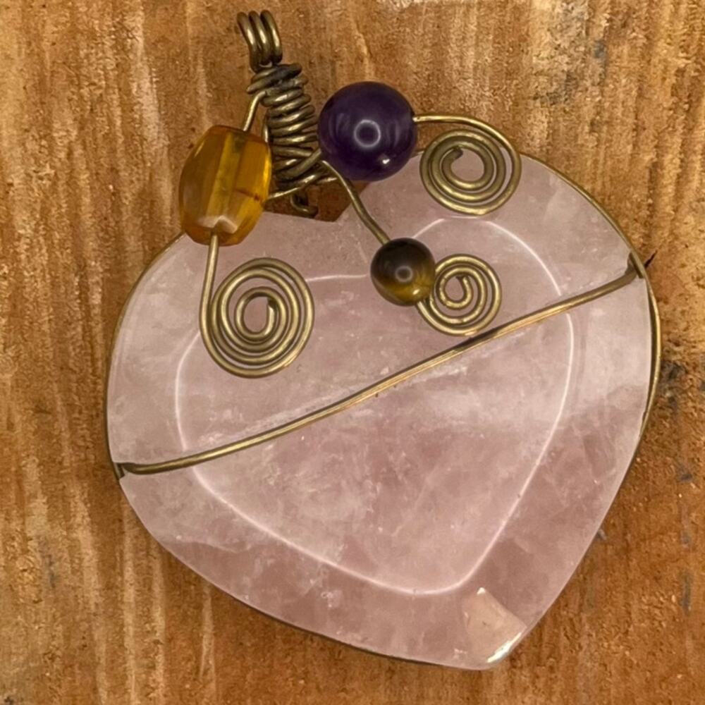 Handmade Rose Quartz Heart Wrapped In Copper Wire